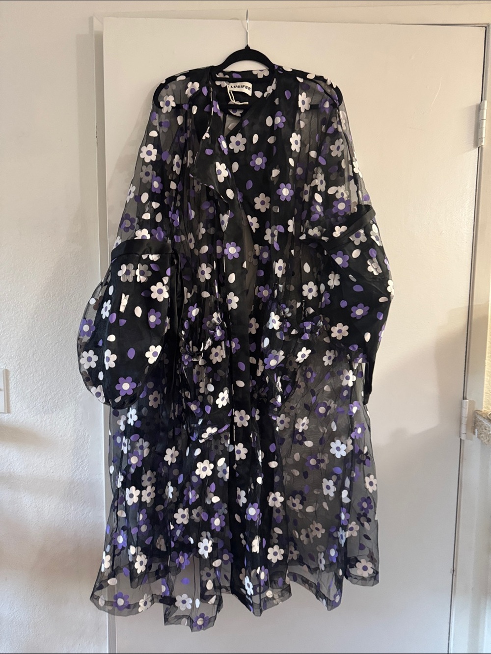 Sheer Black Floral Duster with Purple & White Flowers
